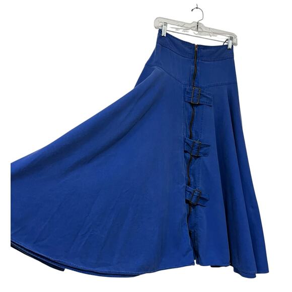 Vintage Flamingo Yoked Skirt Blue Full Midi 100% Cotton Zipper Buckles W26" - Picture 1 of 8